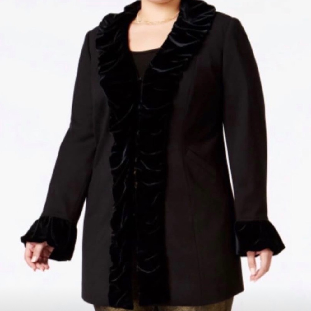 INC Plus Size Velvet Ruffled Coat.